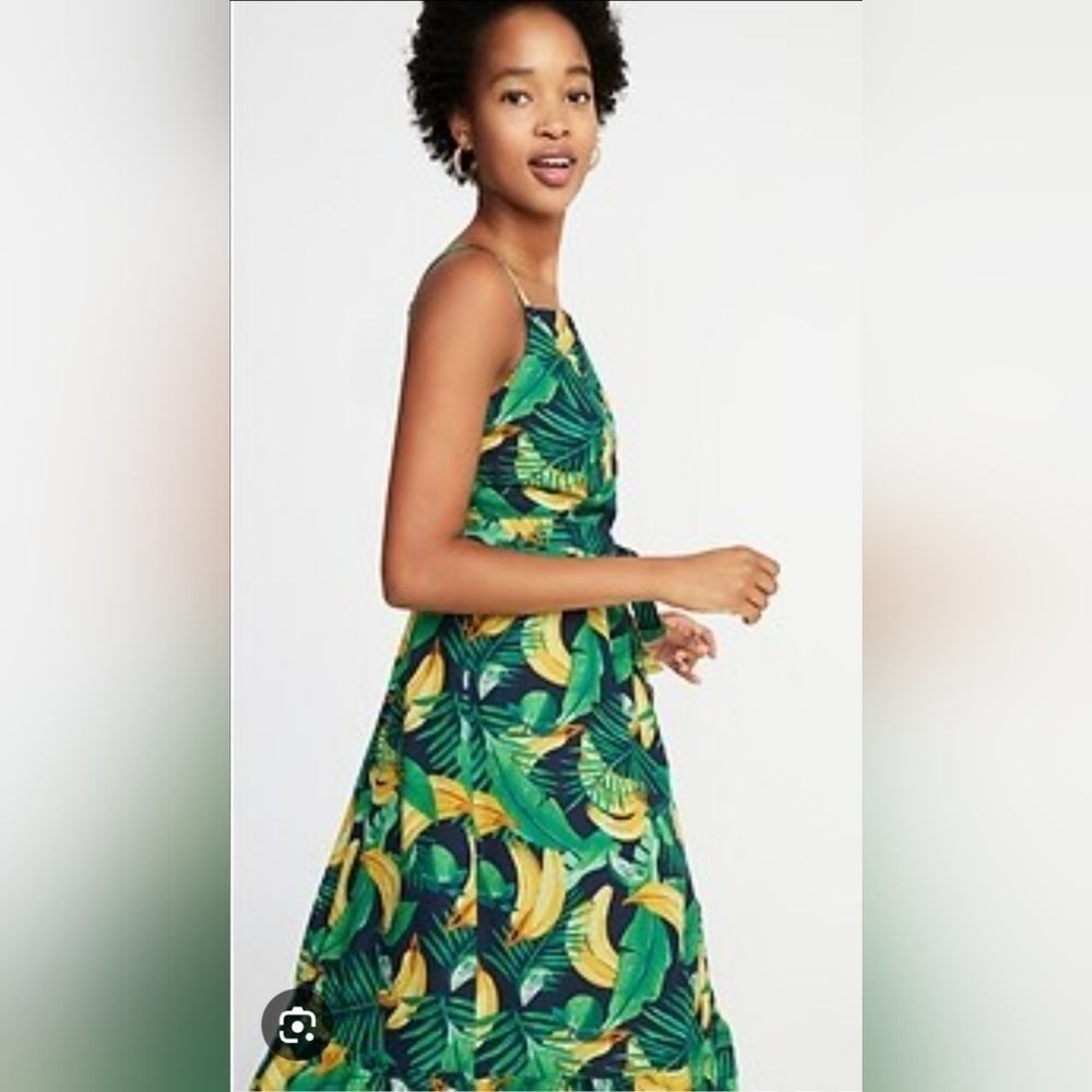 Old Navy Green and Yellow Leaf Print Midi Dress
